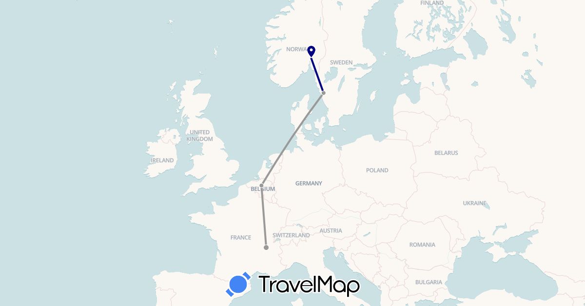 TravelMap itinerary: driving, plane in Belgium, France, Norway, Sweden (Europe)